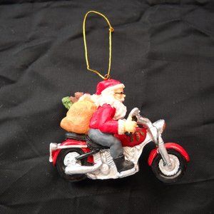 Santa On Motorcycle Christmas Ornament WITH BAG OF PRESENTS